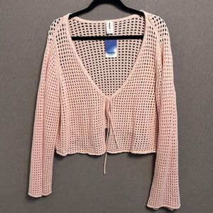 Abound Crochet Cardigan 1X Pink Open Knit Tie Front Cropped Boho AB490906WN